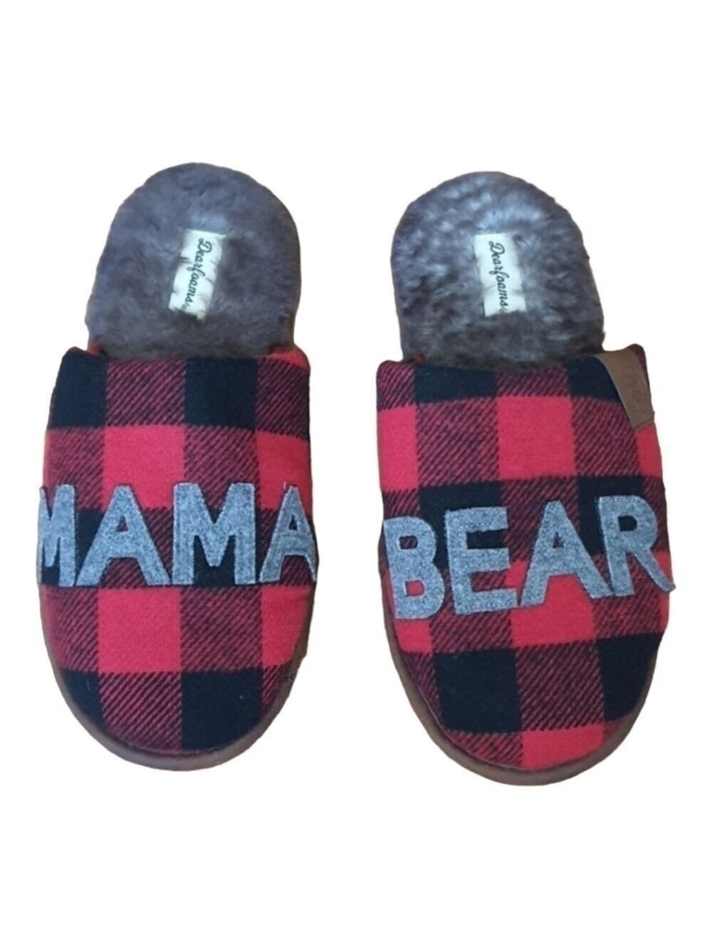 Dearfoams Plaid MAMA BEAR Furry Lined Slippers Women's Size Medium (7-8)